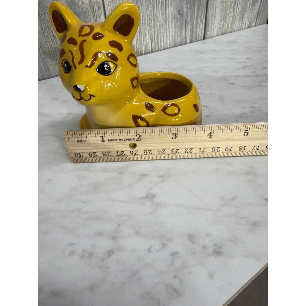 Vintage Yellow Ceramic Leopard Cub Planter Hand Painted Spotted Kitten Figurine